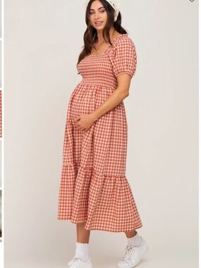 Rust Gingham Smocked Maternity Midi Dress